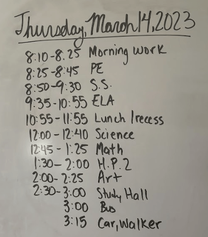 Thursday, March 14, 2023 daily schedule with times and activities